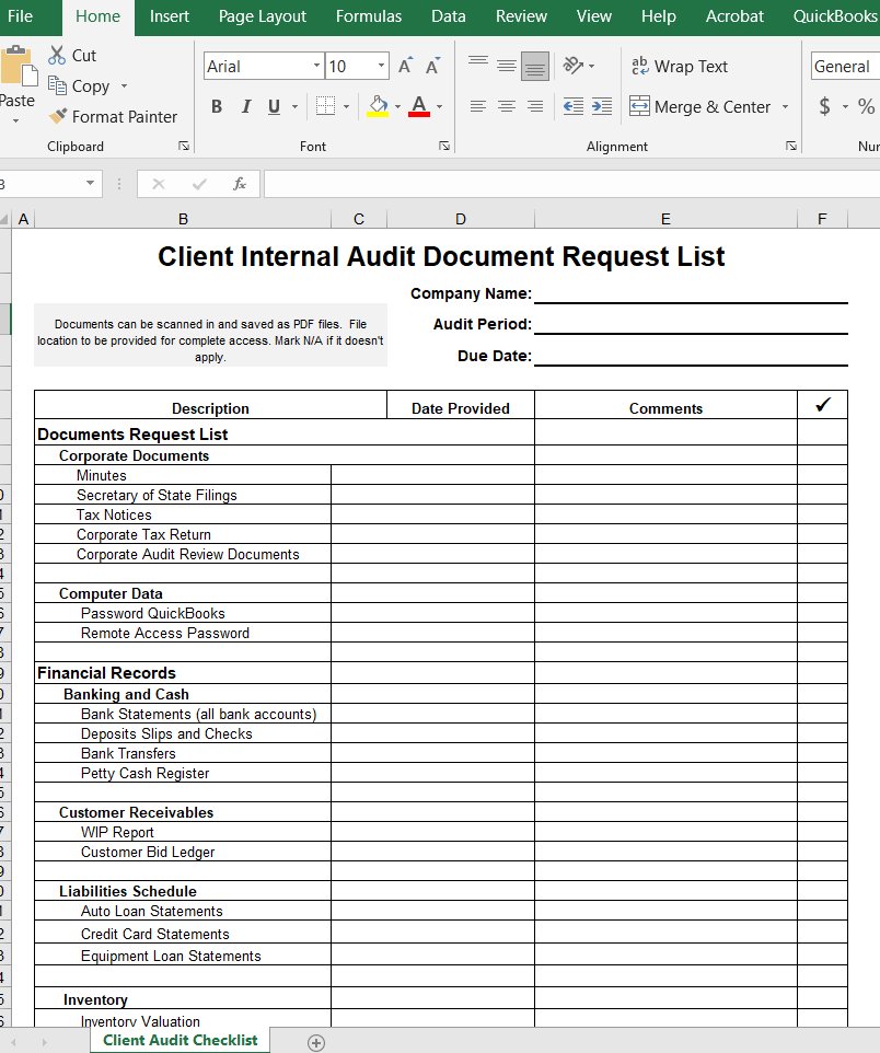 Client Internal Audit Document Request List Form